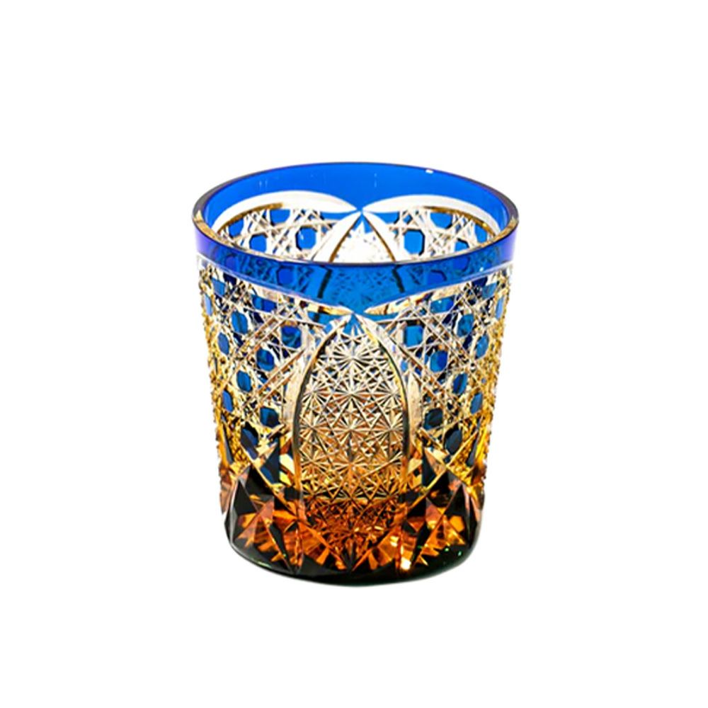 太武朗工房／タブロー 菊繋ぎに籠目紋 オールドグラス 琥珀ルリ 250ml 伝統工芸士 木村泰典 作 5136-34