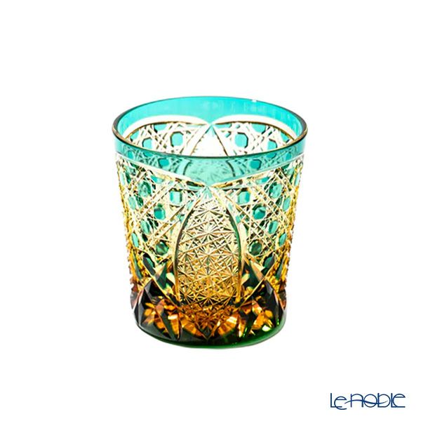 太武朗工房／タブロー 菊繋ぎに籠目紋 オールドグラス 琥珀緑 250ml 伝統工芸士 木村泰典 作 5136-35