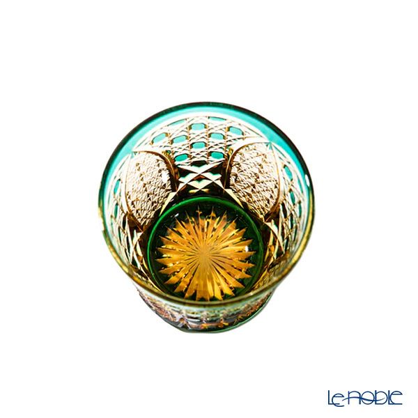 太武朗工房／タブロー 菊繋ぎに籠目紋 オールドグラス 琥珀緑 250ml 伝統工芸士 木村泰典 作 5136-35