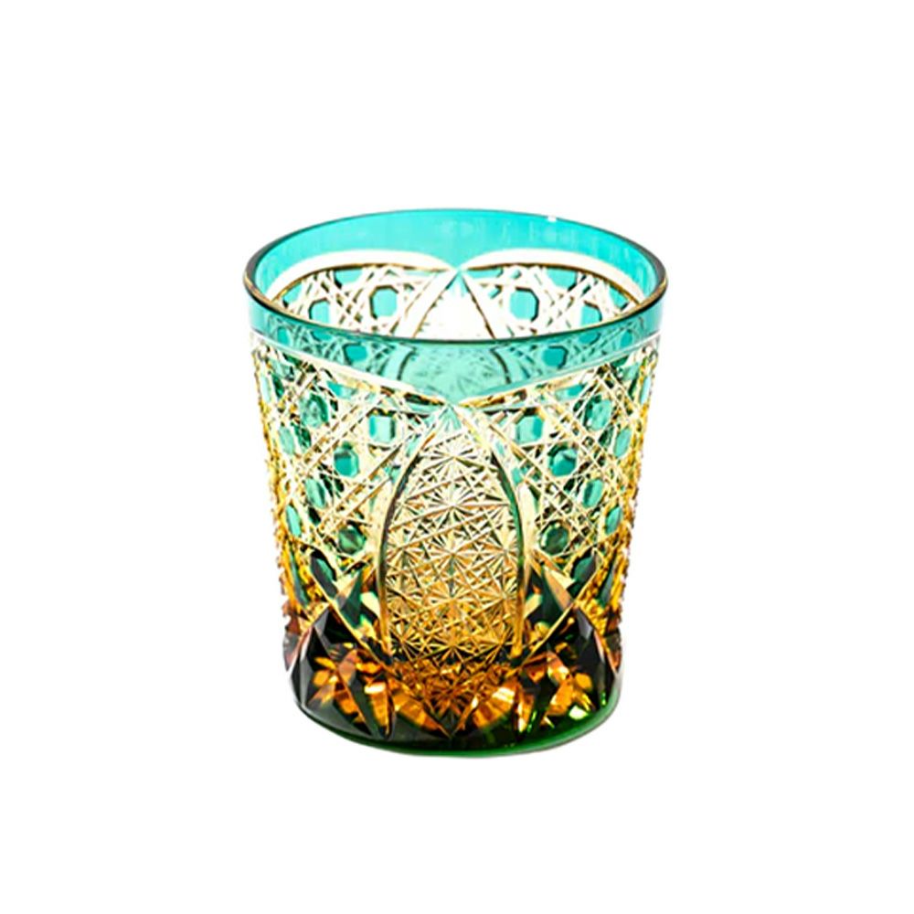 太武朗工房／タブロー 菊繋ぎに籠目紋 オールドグラス 琥珀緑 250ml 伝統工芸士 木村泰典 作 5136-35