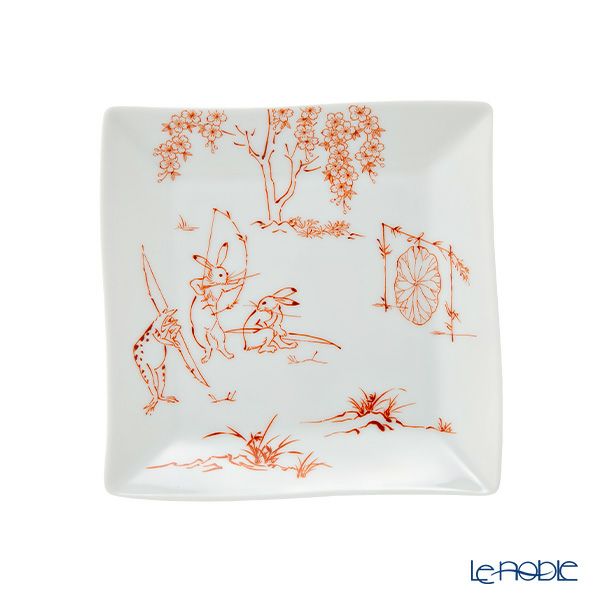 香蘭社 鳥獣戯画 弓矢 角皿 13.5cm 赤 2221A-1FAK5