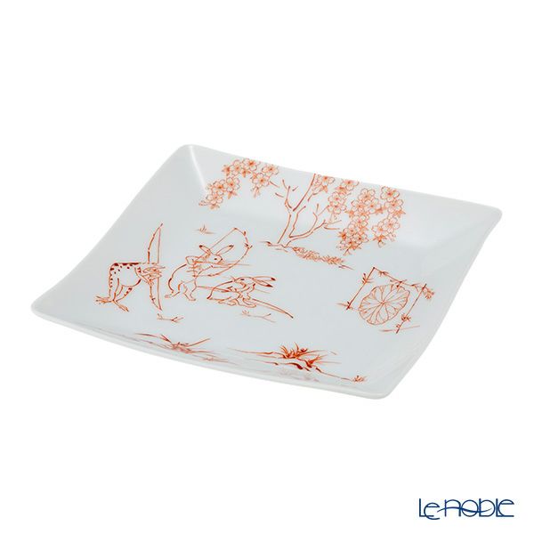 香蘭社 鳥獣戯画 弓矢 角皿 13.5cm 赤 2221A-1FAK5