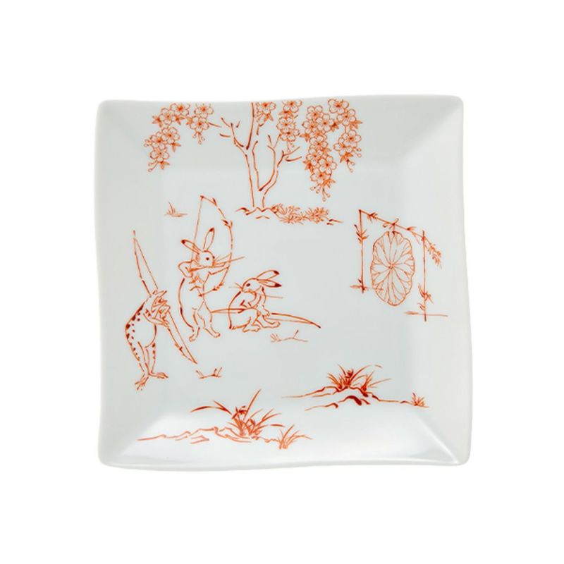 香蘭社 鳥獣戯画 弓矢 角皿 13.5cm 赤 2221A-1FAK5