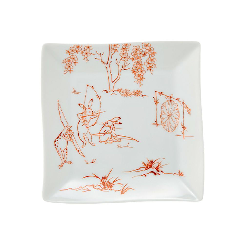 香蘭社 鳥獣戯画 弓矢 角皿 13.5cm 赤 2221A-1FAK5