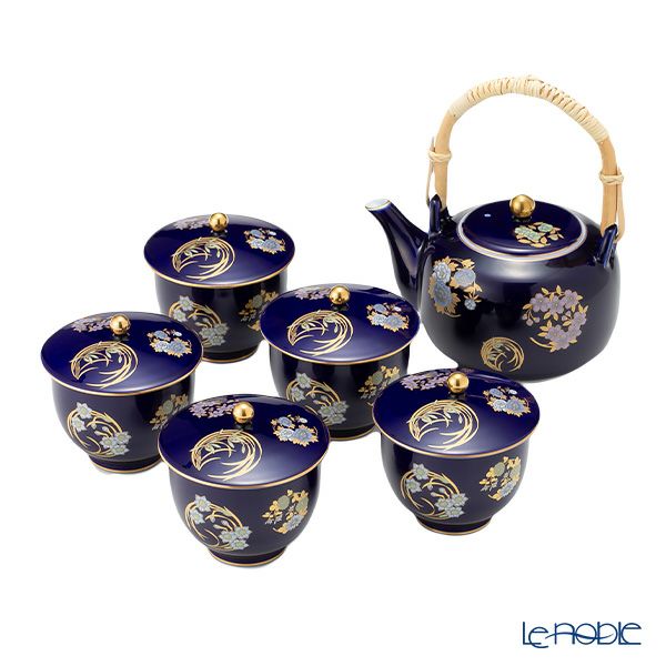 香蘭社 ルリ花丸紋 高級茶器セット 土瓶1＋蓋付湯呑5 R3003-AJF