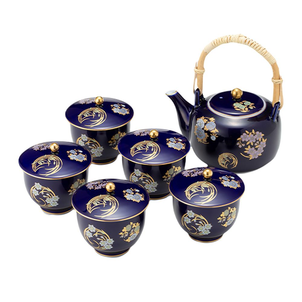 香蘭社 ルリ花丸紋 高級茶器セット 土瓶1＋蓋付湯呑5 R3003-AJF