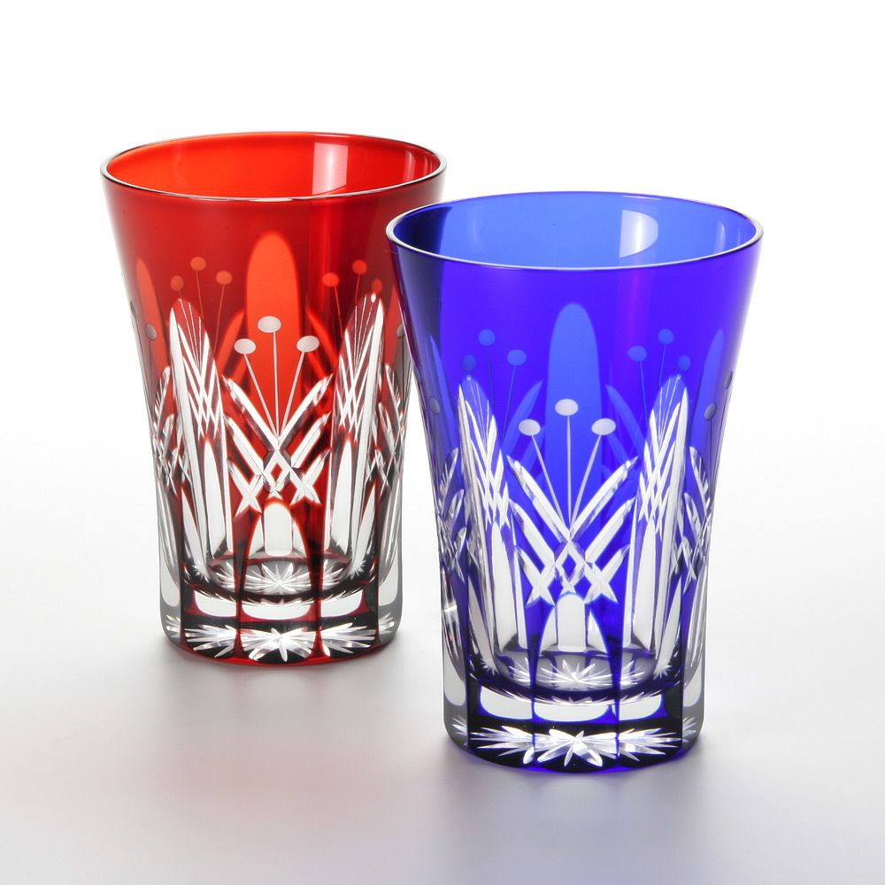 【伝統工芸】田島硝子 江戸切子 映見玉矢来 タンブラー ペア レッド／ルリ（ブルー） TG05-15-2