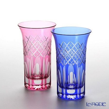 【伝統工芸】田島硝子 江戸切子 映見重ね矢来紋 一口ビール ペア 金赤／ルリ（ブルー） TG08-09-2 【木箱入】