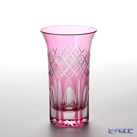 【伝統工芸】田島硝子 江戸切子 映見重ね矢来紋 一口ビール ペア 金赤／ルリ（ブルー） TG08-09-2 【木箱入】