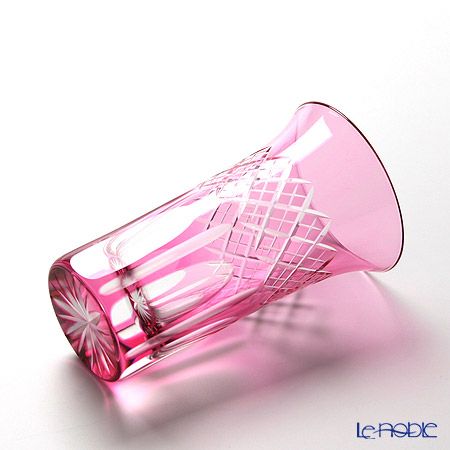 【伝統工芸】田島硝子 江戸切子 映見重ね矢来紋 一口ビール ペア 金赤／ルリ（ブルー） TG08-09-2 【木箱入】