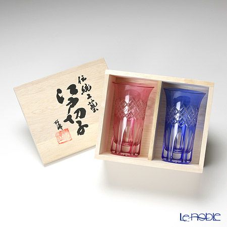 【伝統工芸】田島硝子 江戸切子 映見重ね矢来紋 一口ビール ペア 金赤／ルリ（ブルー） TG08-09-2 【木箱入】