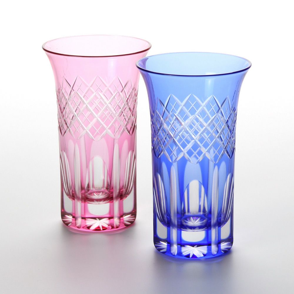 【伝統工芸】田島硝子 江戸切子 映見重ね矢来紋 一口ビール ペア 金赤／ルリ（ブルー） TG08-09-2 【木箱入】