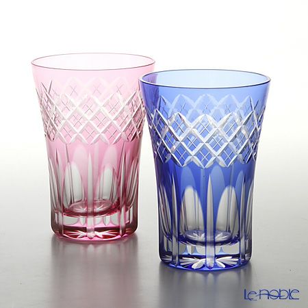 【伝統工芸】田島硝子 江戸切子 映見重ね矢来紋 タンブラー ペア 金赤／ルリ（ブルー） TG08-17-2 【木箱入】