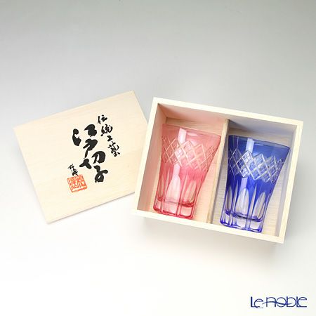 【伝統工芸】田島硝子 江戸切子 映見重ね矢来紋 タンブラー ペア 金赤／ルリ（ブルー） TG08-17-2 【木箱入】
