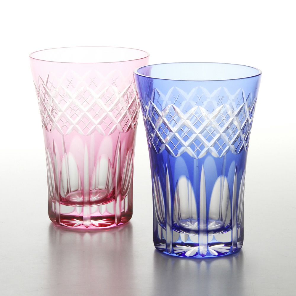 【伝統工芸】田島硝子 江戸切子 映見重ね矢来紋 タンブラー ペア 金赤／ルリ（ブルー） TG08-17-2 【木箱入】