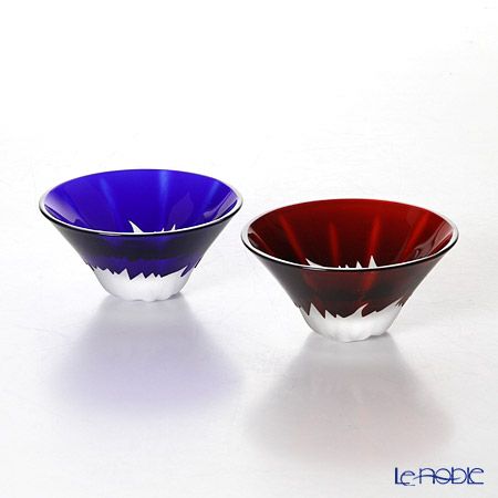 【伝統工芸】田島硝子 富士山祝盃 青赤富士セット ペア TG13-013-2 木箱入