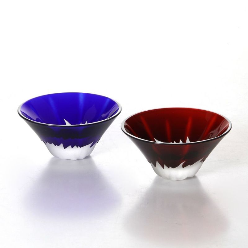 【伝統工芸】田島硝子 富士山祝盃 青赤富士セット ペア TG13-013-2 木箱入