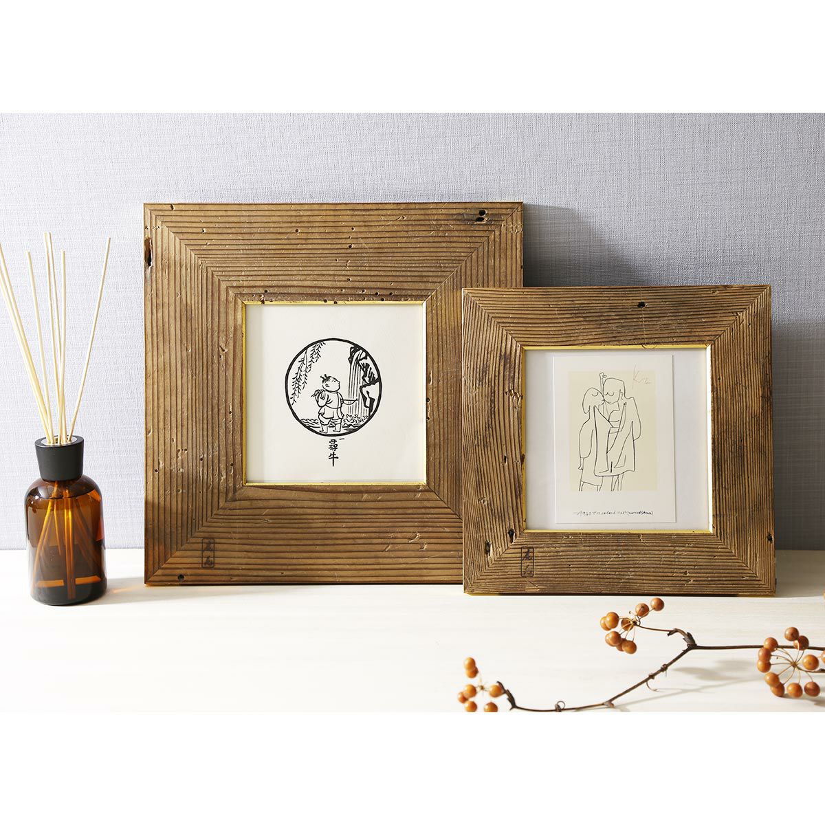 【1点物】高野竹工 金閣寺古材 額縁フレーム／アートフレーム 小-A 十牛図版画付 27×27cm