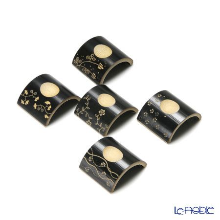 高野竹工 手彫り箸置 5個セット 黒 花