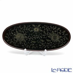 【伝統工芸】輪島塗 菊唐草沈金 茶受盆（オーバル）