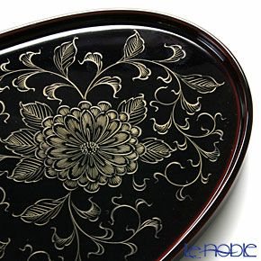 【伝統工芸】輪島塗 菊唐草沈金 茶受盆（オーバル）