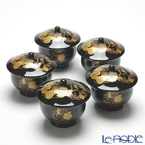 【伝統工芸】輪島塗 花の丸蒔絵 蓋付湯呑 5客組み