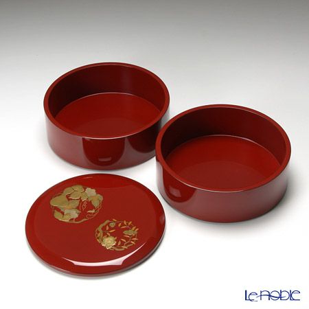 【伝統工芸】輪島塗 花の丸蒔絵 丸重2段 赤