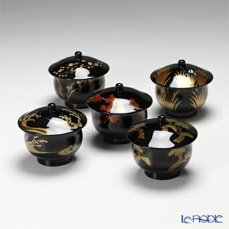 【伝統工芸】輪島塗 琳派絵変り蒔絵 蓋付湯呑 5客組み（5柄）