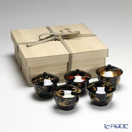 【伝統工芸】輪島塗 琳派絵変り蒔絵 蓋付湯呑 5客組み（5柄）