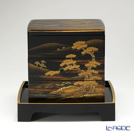 【伝統工芸】輪島塗 山水蒔絵 三段重 盆付