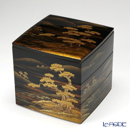 【伝統工芸】輪島塗 山水蒔絵 三段重 盆付