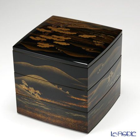 【伝統工芸】輪島塗 山水蒔絵 三段重 盆付