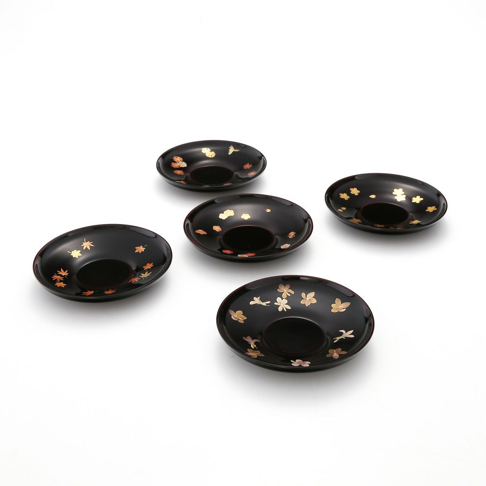 【伝統工芸】輪島塗 茶托 5客揃 小花 坂口政昭氏作