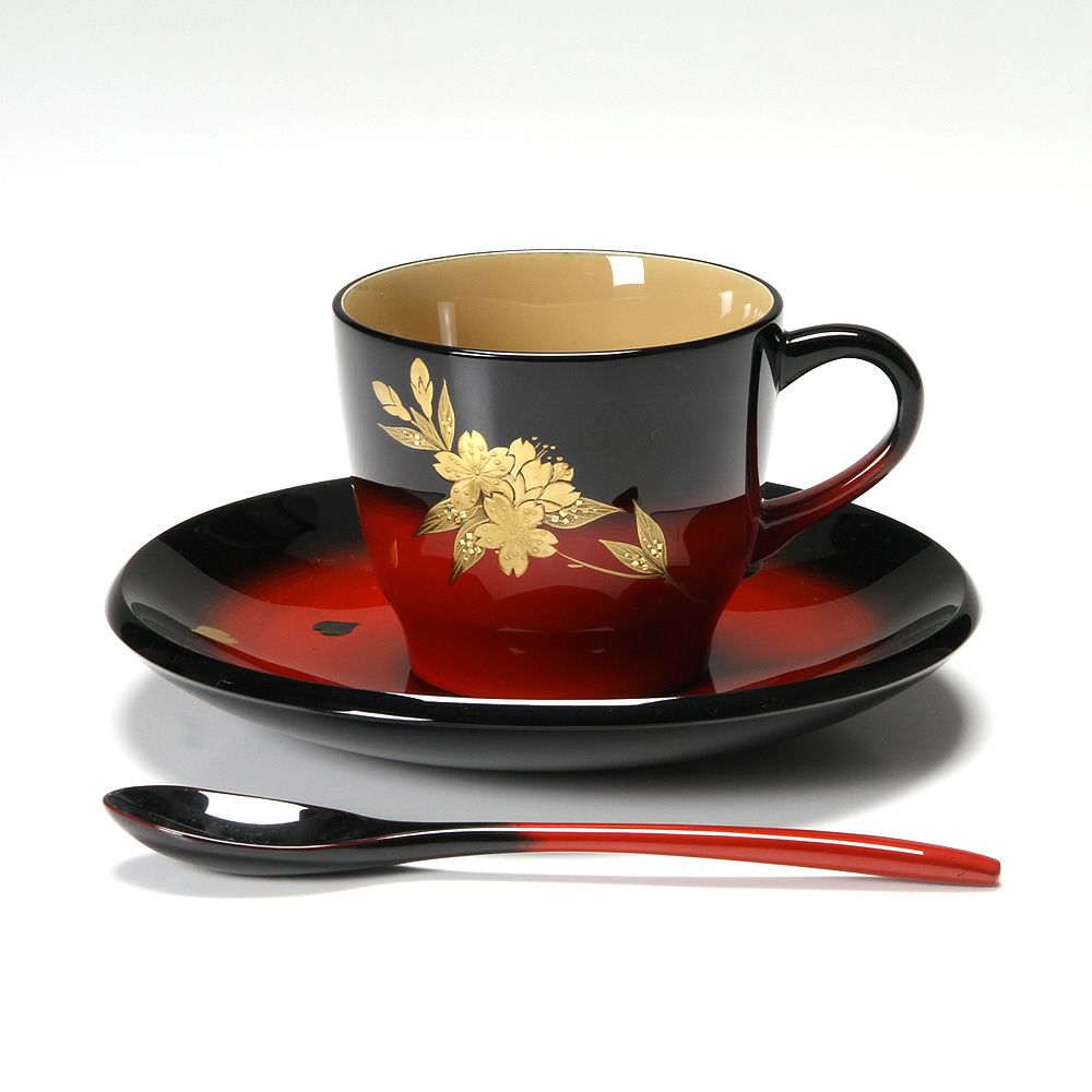 伝統工芸】輪島塗 コーヒーカップ＆ソーサー＆スプーン 曙桜 坂口政昭