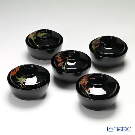 【伝統工芸】輪島塗 煮物椀 5客揃草花絵変わり 坂口政昭氏作