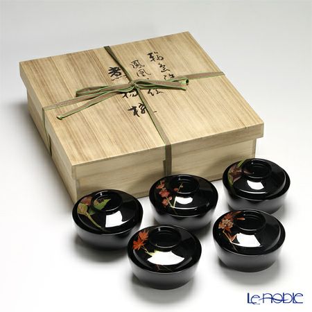 【伝統工芸】輪島塗 煮物椀 5客揃草花絵変わり 坂口政昭氏作