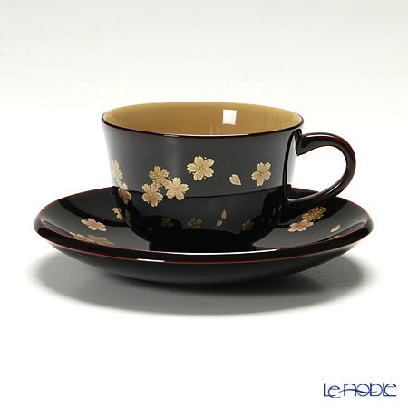【伝統工芸】輪島塗 コーヒーカップ＆ソーサー＆スプーン 小花 桜 坂口政昭氏作