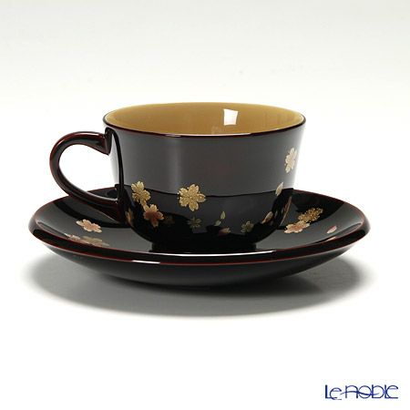 【伝統工芸】輪島塗 コーヒーカップ＆ソーサー＆スプーン 小花 桜 坂口政昭氏作