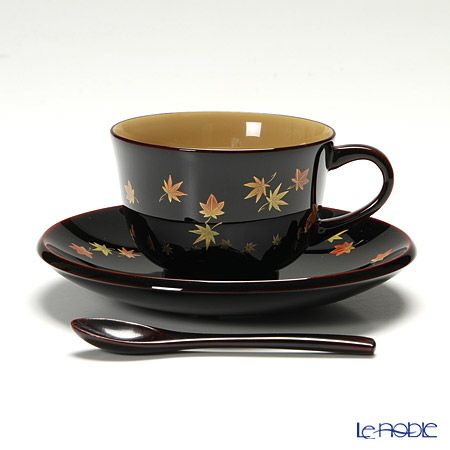 【伝統工芸】輪島塗 コーヒーカップ＆ソーサー＆スプーン 小花 紅葉 坂口政昭氏作