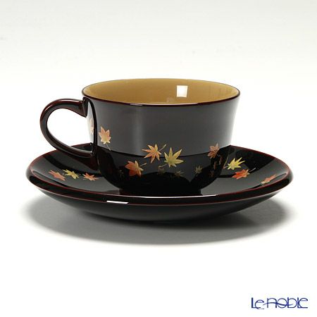 【伝統工芸】輪島塗 コーヒーカップ＆ソーサー＆スプーン 小花 紅葉 坂口政昭氏作