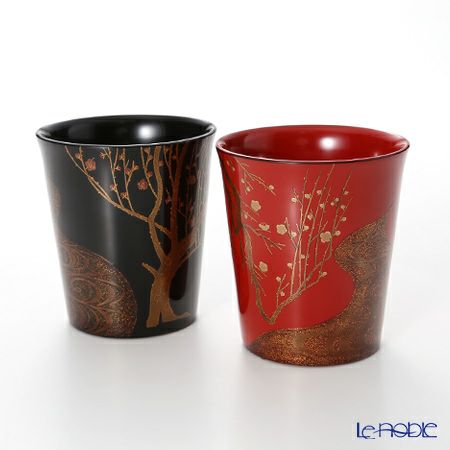 【伝統工芸】輪島塗 フリーカップ 紅白梅 稲舟 赤黒 ペア