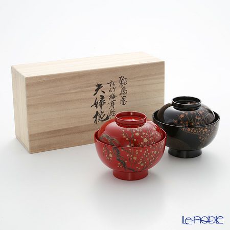 【伝統工芸】輪島塗 夫婦椀 2客揃 紅白梅 浦出稲舟氏作品