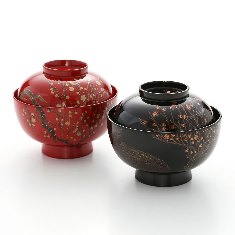 【伝統工芸】輪島塗 夫婦椀 2客揃 紅白梅 浦出稲舟氏作品