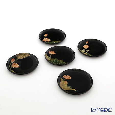 【伝統工芸】輪島塗 蓮 銘々皿 絵変わり 5客揃 坂口政昭氏作