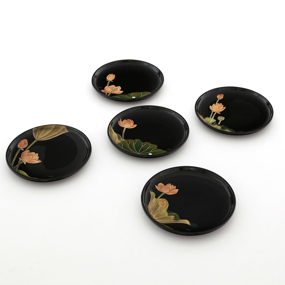 【伝統工芸】輪島塗 蓮 銘々皿 絵変わり 5客揃 坂口政昭氏作
