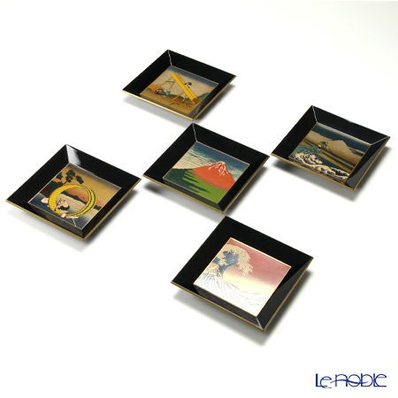 【伝統工芸】輪島塗 四方型銘々皿 富嶽三十六景5枚組 中島和彦氏作品