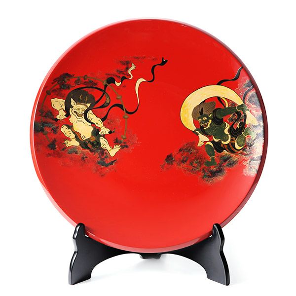 【伝統工芸】輪島塗 飾皿 赤 風神雷神 代田和哉氏作