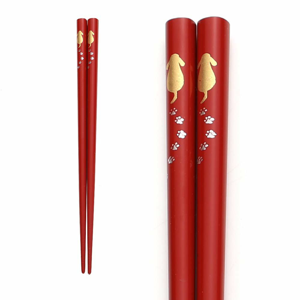 【伝統工芸】輪島塗 子供箸 歩くイヌ 赤