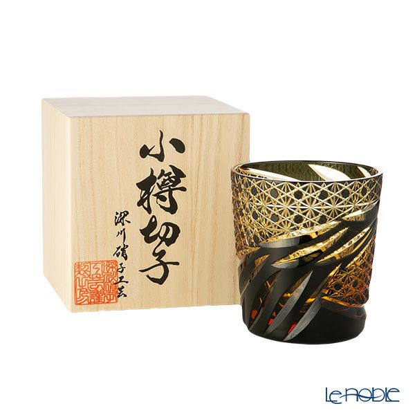 深川硝子工芸 小樽切子 雅 ロックグラス 黒琥珀