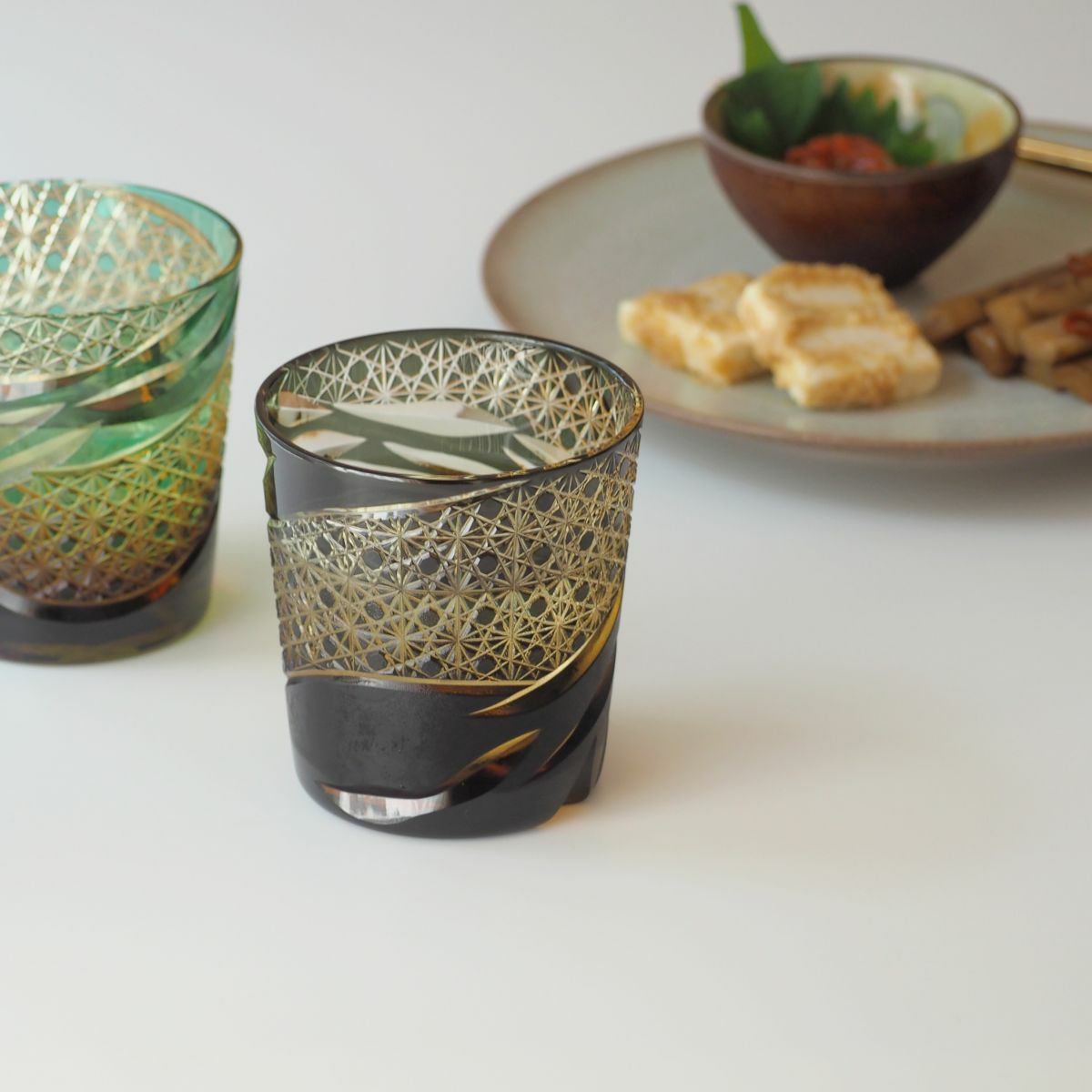 深川硝子工芸 小樽切子 雅 ロックグラス 黒琥珀